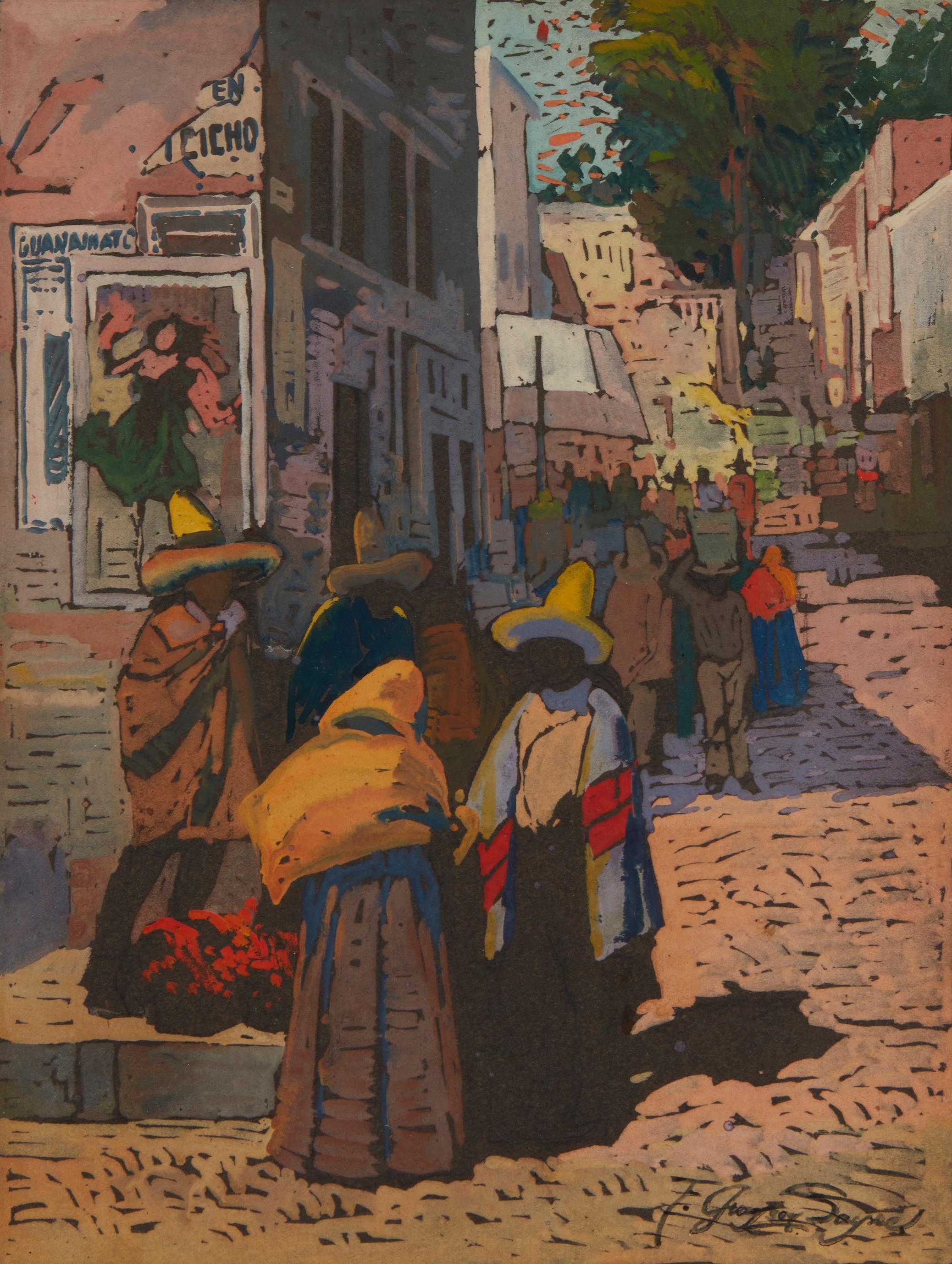 Artwork by Fred Grayson Sayre, Mexican Street Scene With Figures, Made of Gouche on board under glass