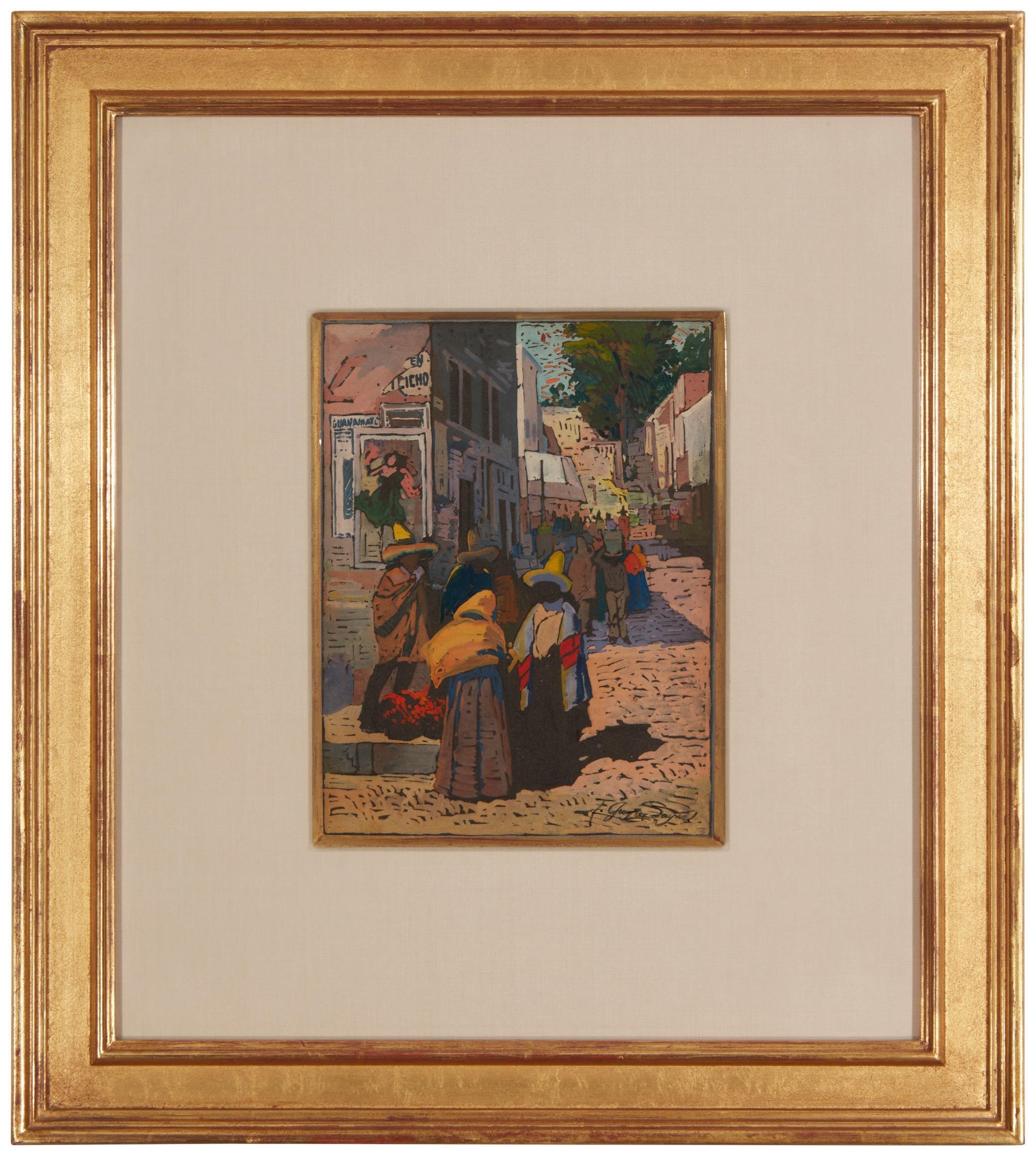 Artwork by Fred Grayson Sayre, Mexican Street Scene With Figures, Made of Gouche on board under glass
