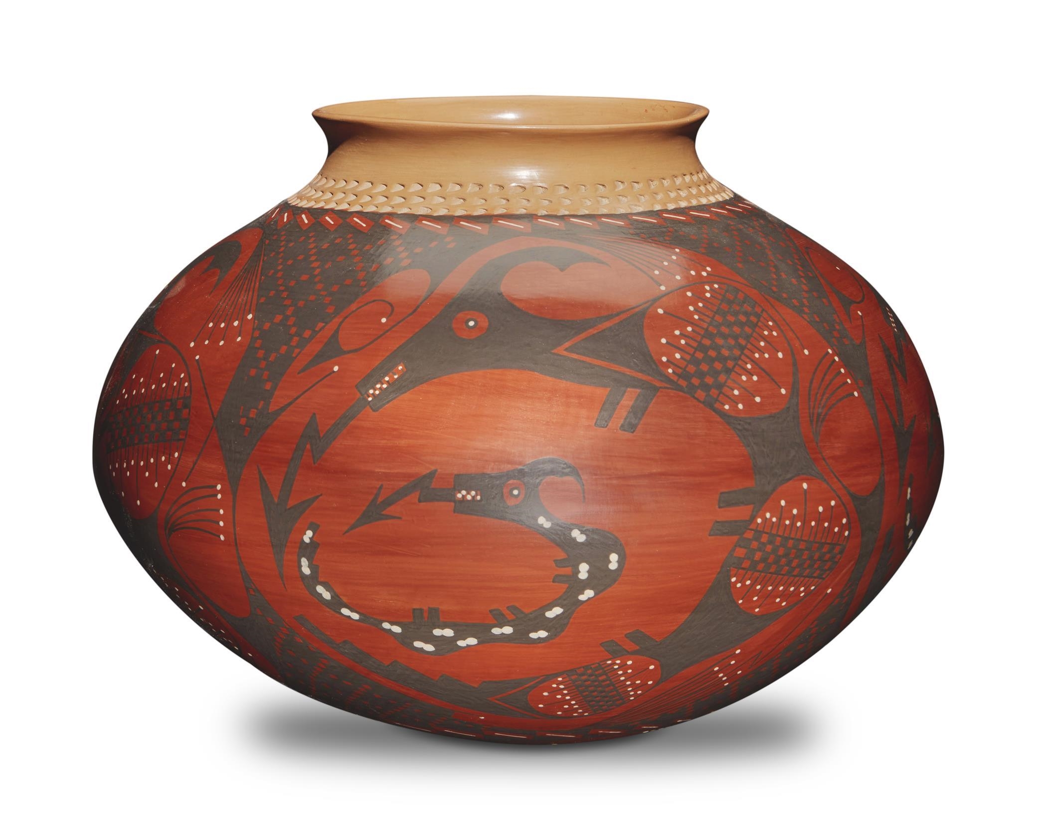 Artwork by Lucy Mora Bugarini, A Large Mata Ortiz Pottery Olla, Made of Pottery, large redware vessel with polychrome Avanyu serpents on a burnished red slip glaze and a buff rim with incised neck