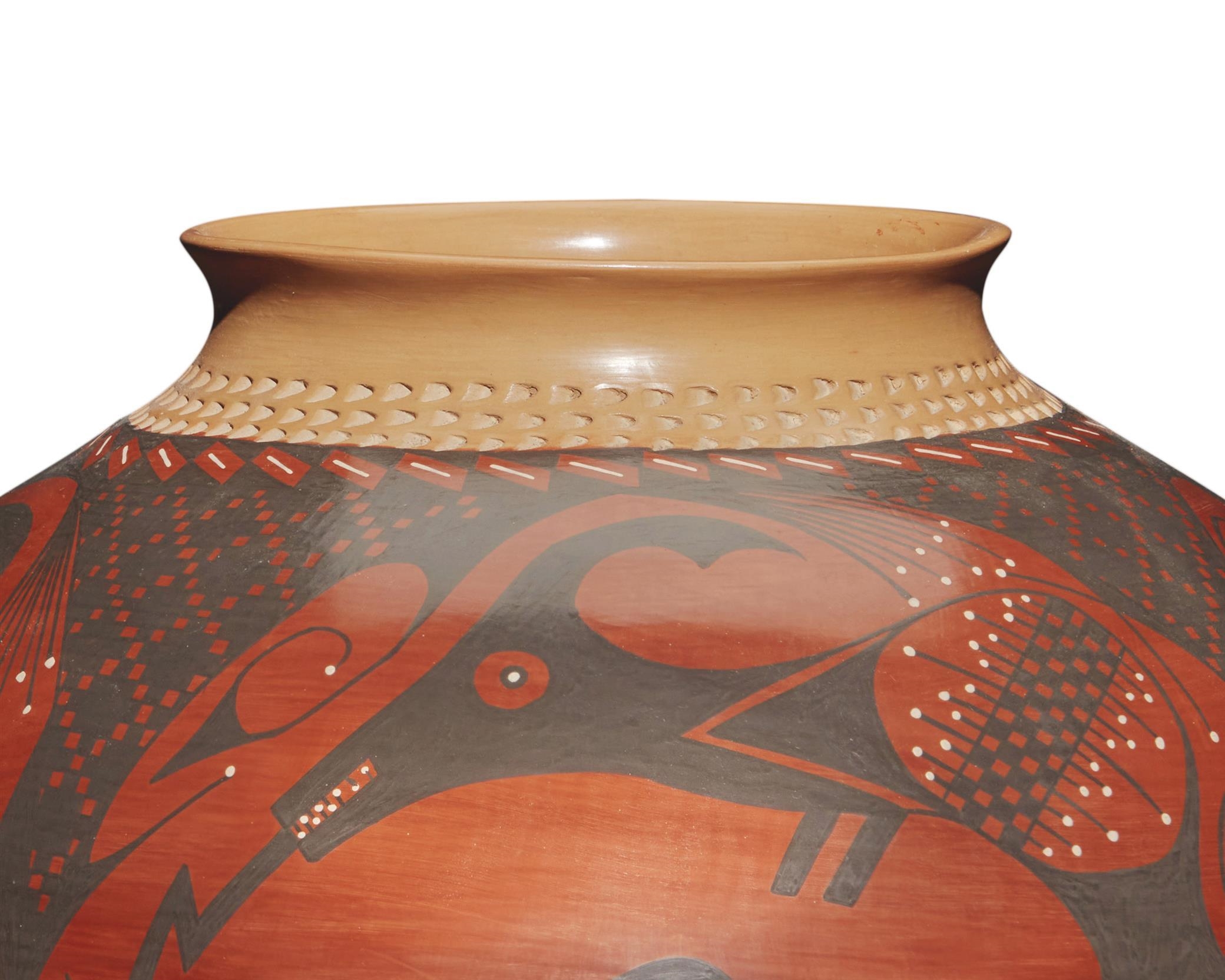 Artwork by Lucy Mora Bugarini, A Large Mata Ortiz Pottery Olla, Made of Pottery, large redware vessel with polychrome Avanyu serpents on a burnished red slip glaze and a buff rim with incised neck