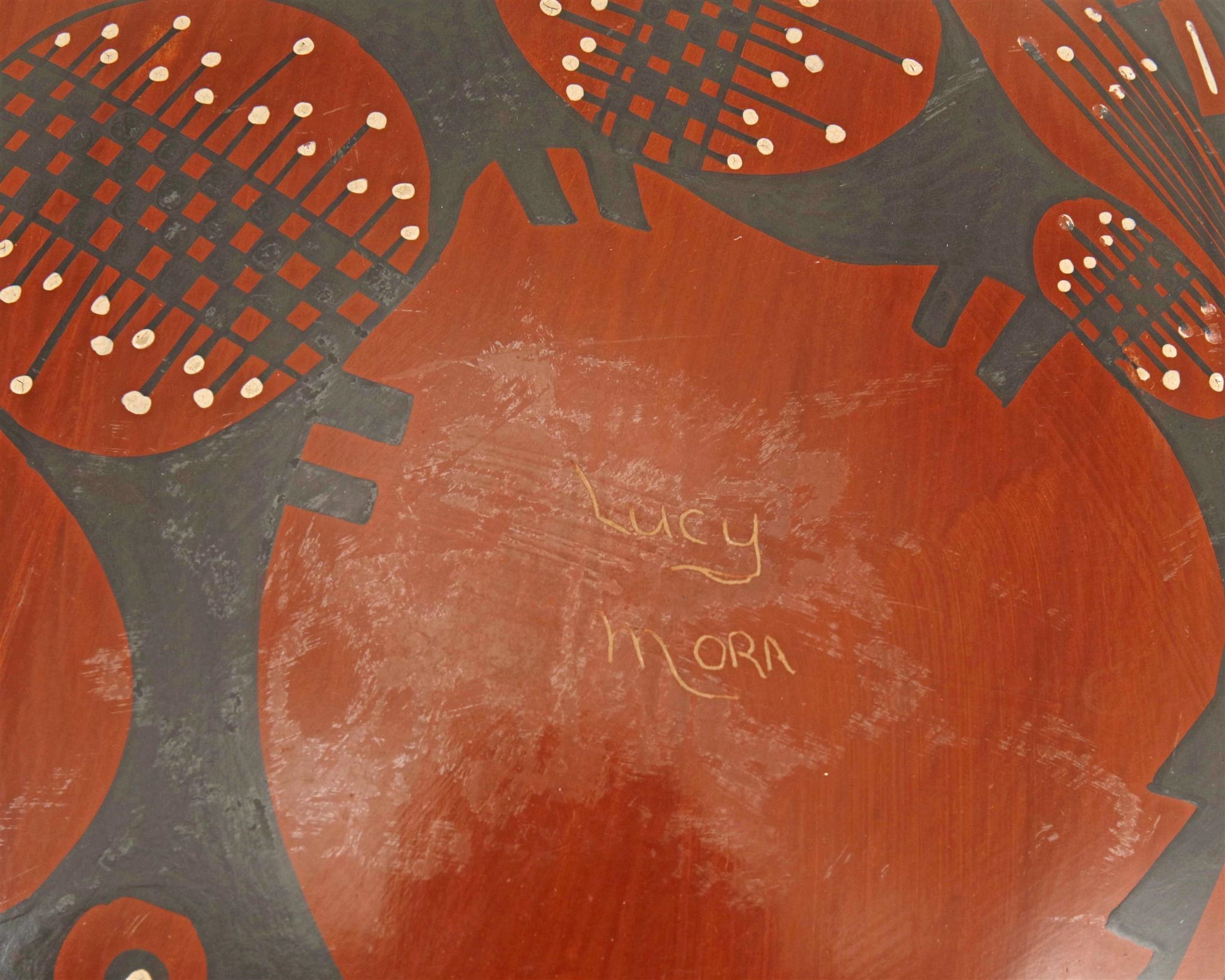 Artwork by Lucy Mora Bugarini, A Large Mata Ortiz Pottery Olla, Made of Pottery, large redware vessel with polychrome Avanyu serpents on a burnished red slip glaze and a buff rim with incised neck