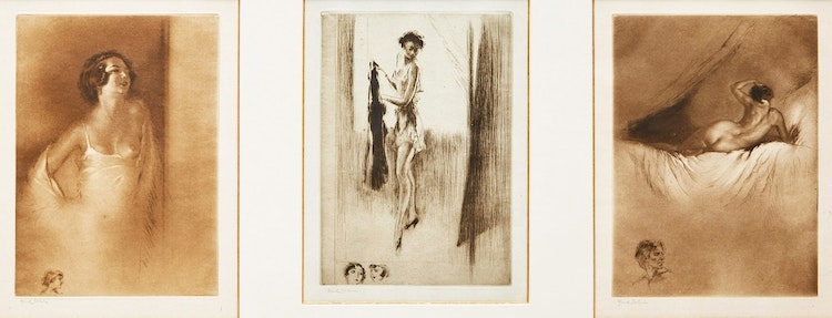 Artwork by Edgar Chahine, “Mitsou en chemise” ;  “Mitsou s’habille” ;  “Mitsou allangee Nue de des”, Made of etchings
