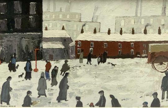 Owen Meilir Snowy Street Scene With Numerous Figures MutualArt