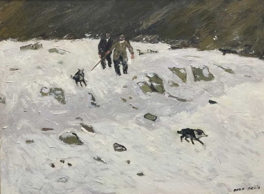 Owen Meilir Two Farmers And Their Dogs In Snow MutualArt
