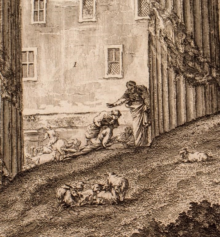 A detailed etching of a classical ruin with two columns and a broken entablature, set against a hazy background.