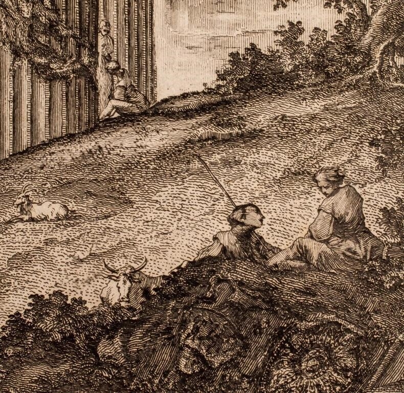 A detailed etching of a classical ruin with two columns and a broken entablature, set against a hazy background.