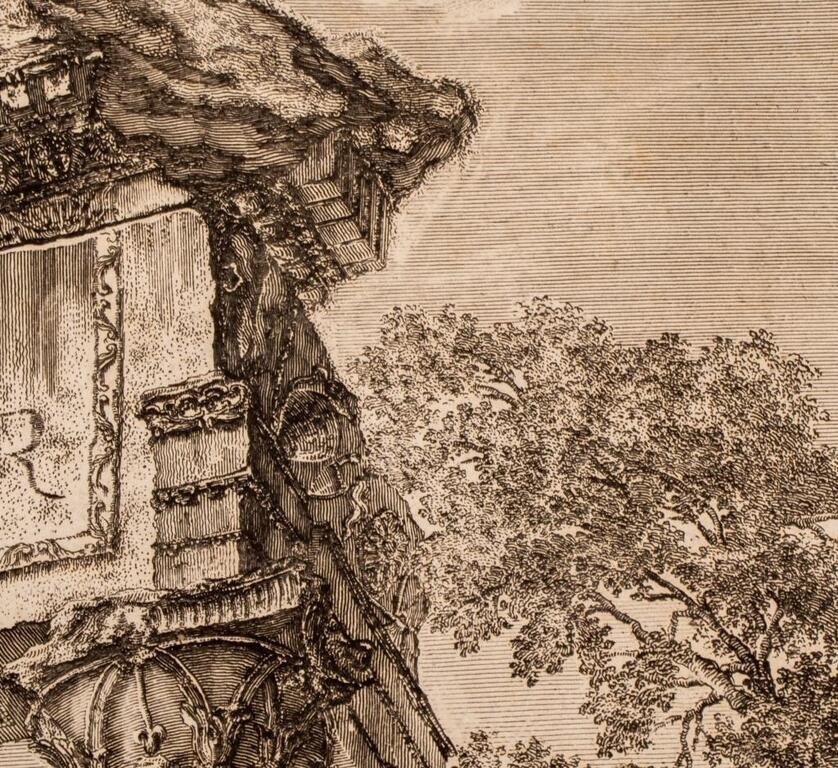 A detailed etching of a classical ruin with two columns and a broken entablature, set against a hazy background.