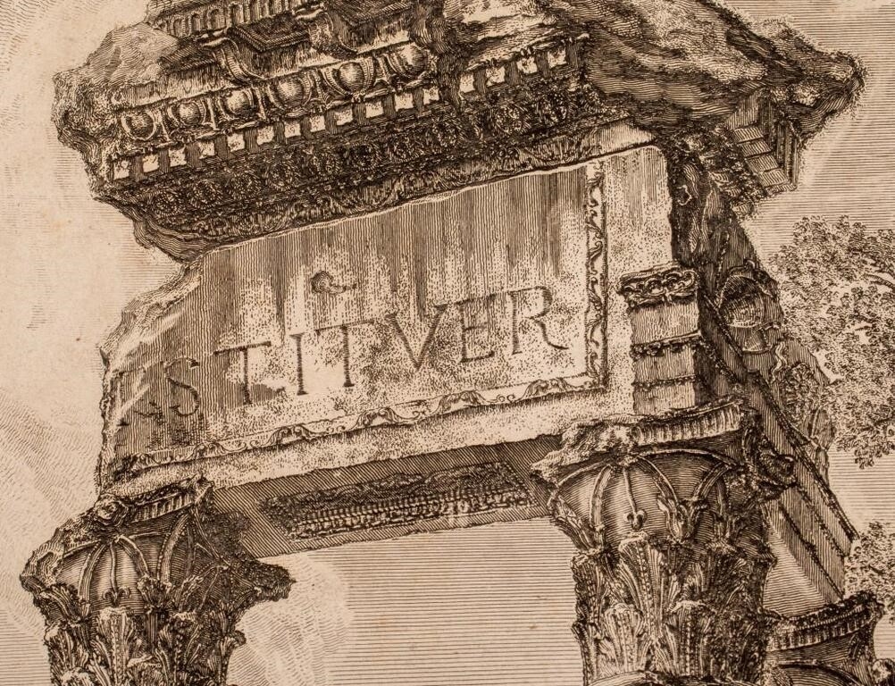 A detailed etching of a classical ruin with two columns and a broken entablature, set against a hazy background.