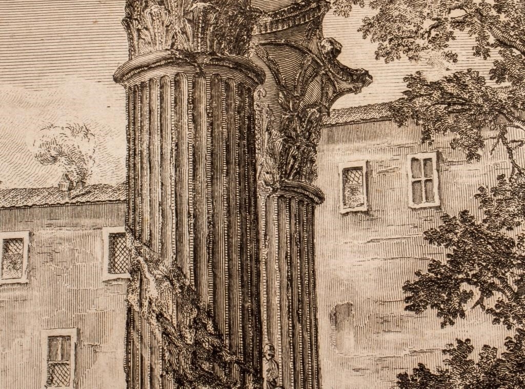 A detailed etching of a classical ruin with two columns and a broken entablature, set against a hazy background.