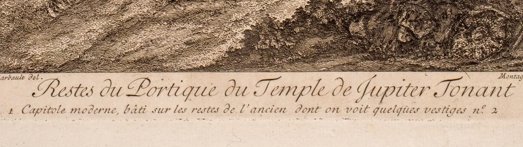 A detailed etching of a classical ruin with two columns and a broken entablature, set against a hazy background.