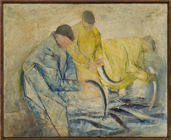 Three fishermen (with portrait of a man on the reverse) by Robin Wylie