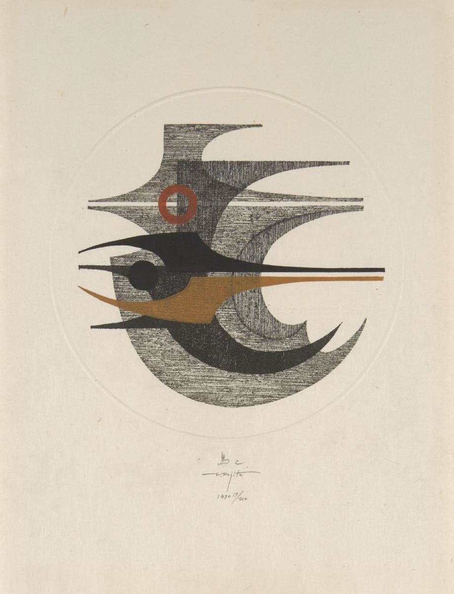 Artwork by Fumio Fujita, Bird Monument; Mask; Bird C and Work 68-E, Made of woodcut prints in colours on wove