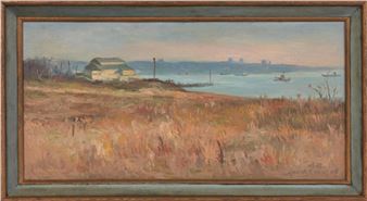 A serene landscape painting of a grassy shore with a distant building and water.