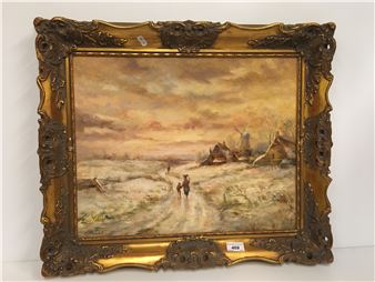 Winter landscape with figures on a road way, dwellings and windmill in background and sunset - M. J. Rundell