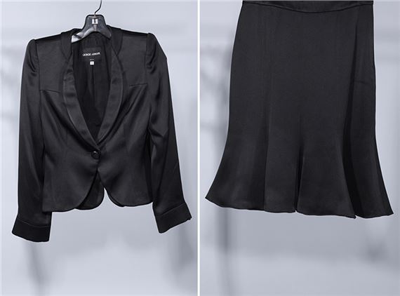 Giorgio Armani | Giorgio Armani black silk skirt suit with tailored jacket  and paneled knee-length skirt; good condition | MutualArt