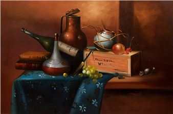 Still Life with Fruit and Bottles - J. Knight