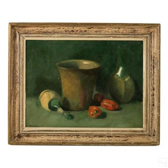 A still life scene with wine bottles, bucket and bright peppers - Russell Thurston Bender