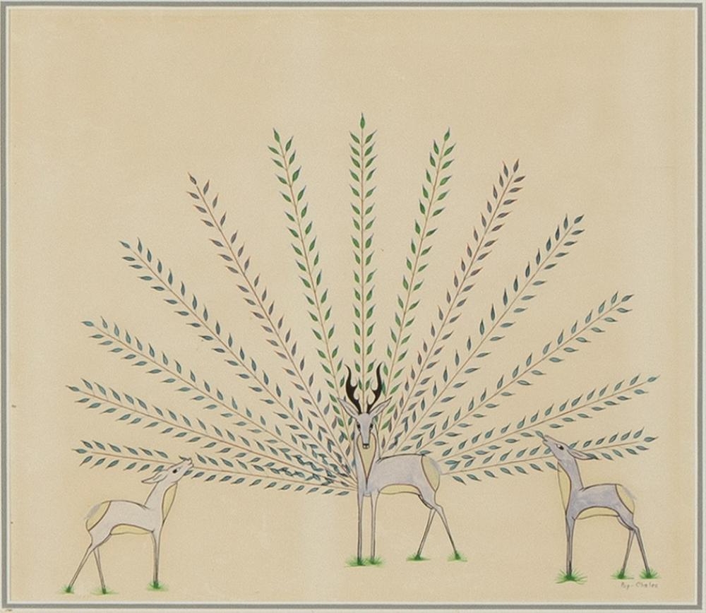 Artwork by Merina Lujan, Untitled (Family of Deer and Plant Life), Made of gouache on paper