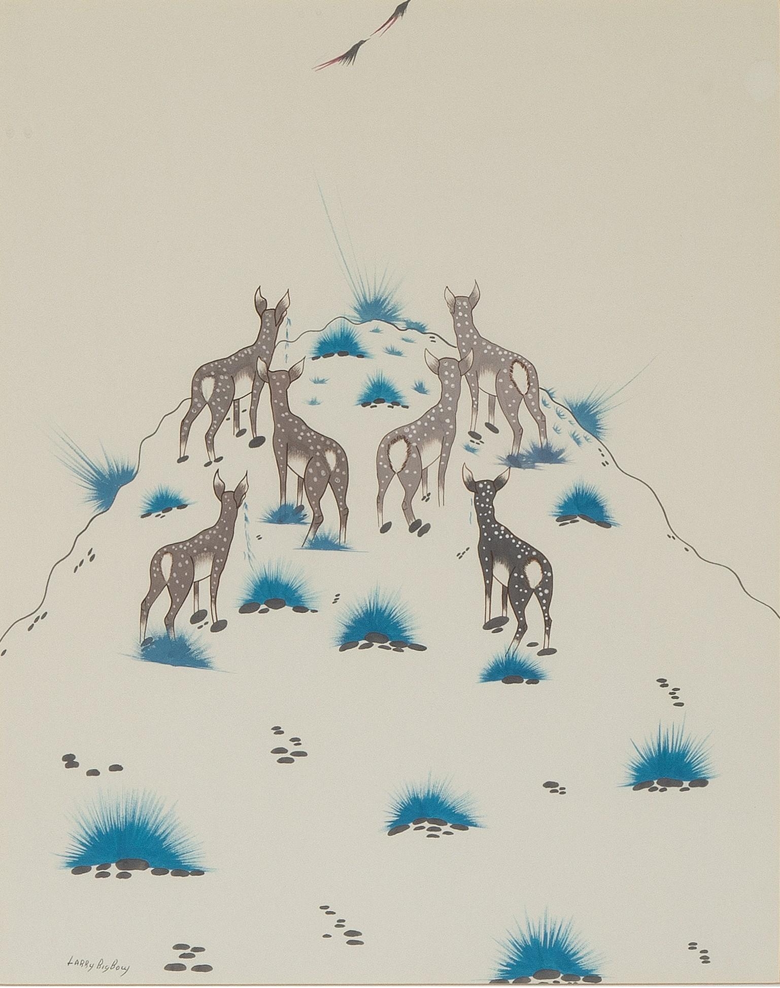 Artwork by Larry Big Bow, Untitled (Fawns On A Hillside), Made of gouache on paper