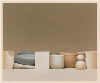 A minimalist still life of ceramic vessels arranged in a row against a neutral background.