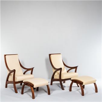 Pair of Thomas Moser "Drift" Walnut Chairs and Ottomans - Thomas Moser