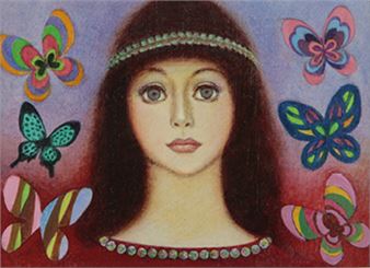 A portrait of a figure with a jeweled headband and colorful butterflies surrounding them.