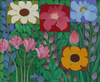 A vibrant floral composition featuring stylized flowers in bold colors against a green background.