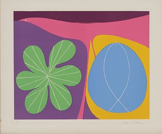 A bold graphic print featuring a stylized green flower and an abstract blue shape against a vibrant purple, pink, and yellow background.