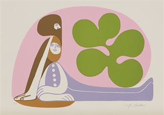 A stylized illustration of a seated figure with long hair next to a large green clover-like shape.