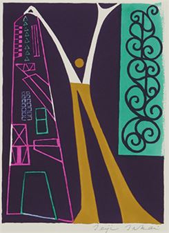 A stylized graphic composition featuring a central figure in a yellow dress against a purple background with abstract architectural and decorative elements.