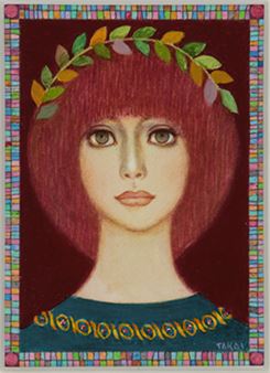 A portrait of a figure with red hair and a leafy crown against a dark background.