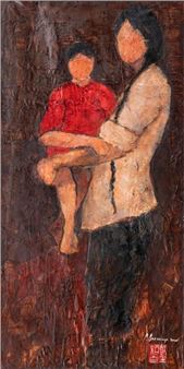 - Jeune fille et enfant - Huile sur toile - 50 x 100 cm - Patrick Descamps