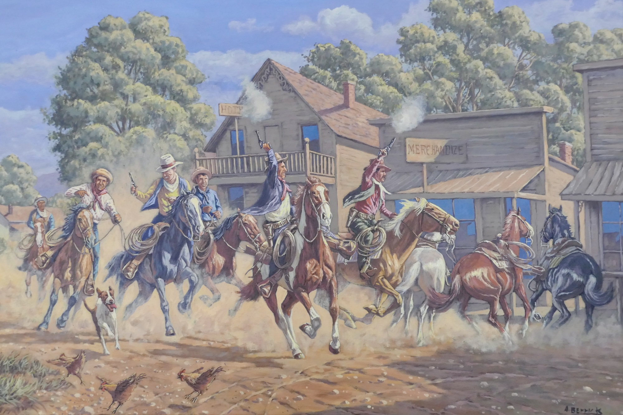 Artwork by Andrew Berrick, ''Roughin' Through'' (Cowboys), Made of Oil on Canvas