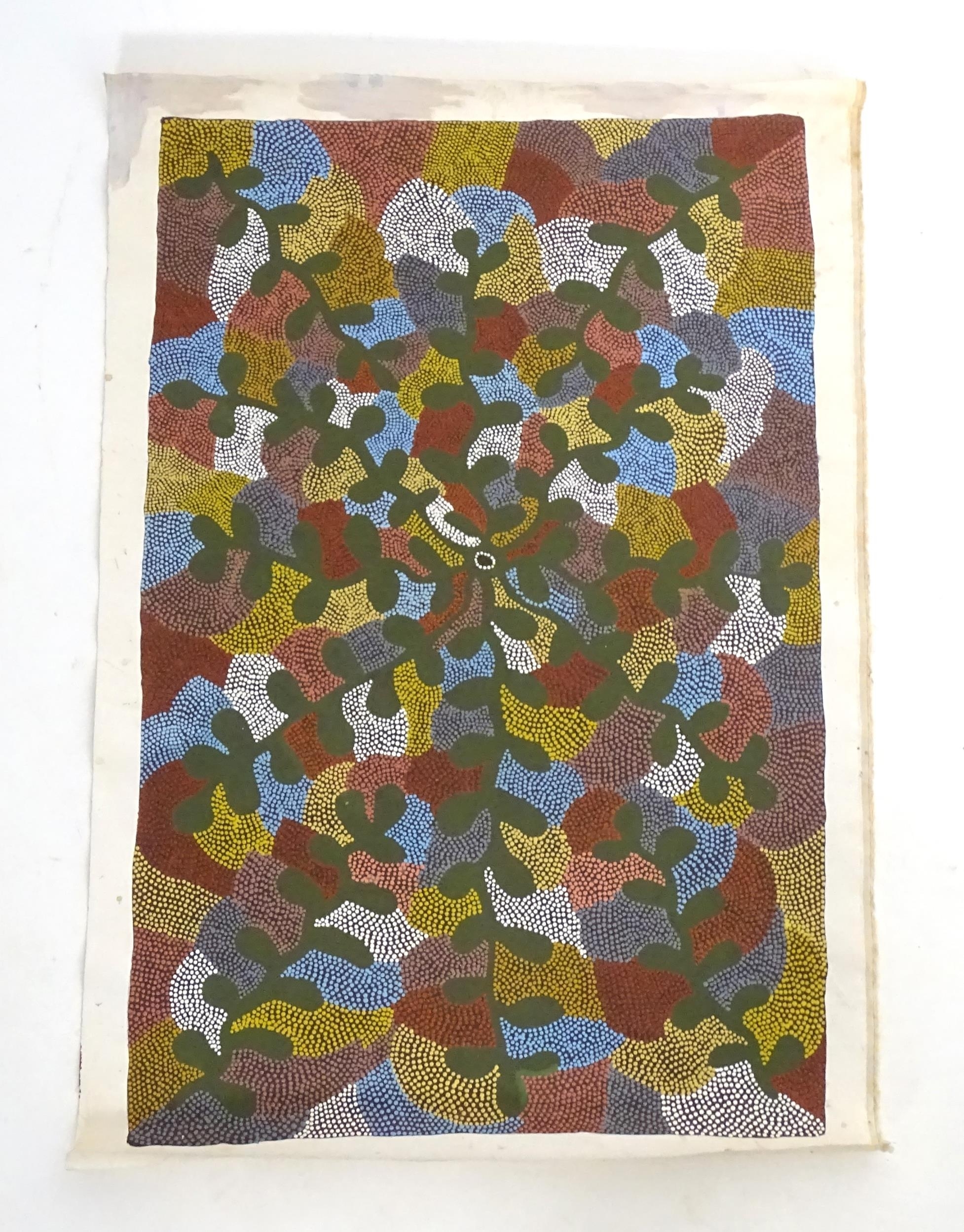 Artwork by Julie Purvis, Julie Purvis, 20th century, Aboriginal Art, Acrylic on canvas, An abstract composition, possibly a styled yam plant. Ascribed verso Julie Purvis, Mulea Boce, Yam. Approx. 33 1/2" x 22 1/2", Made of Acrylic on canvas