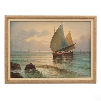 Seascape shoreline with sailboats and fisherman - James P. Michael