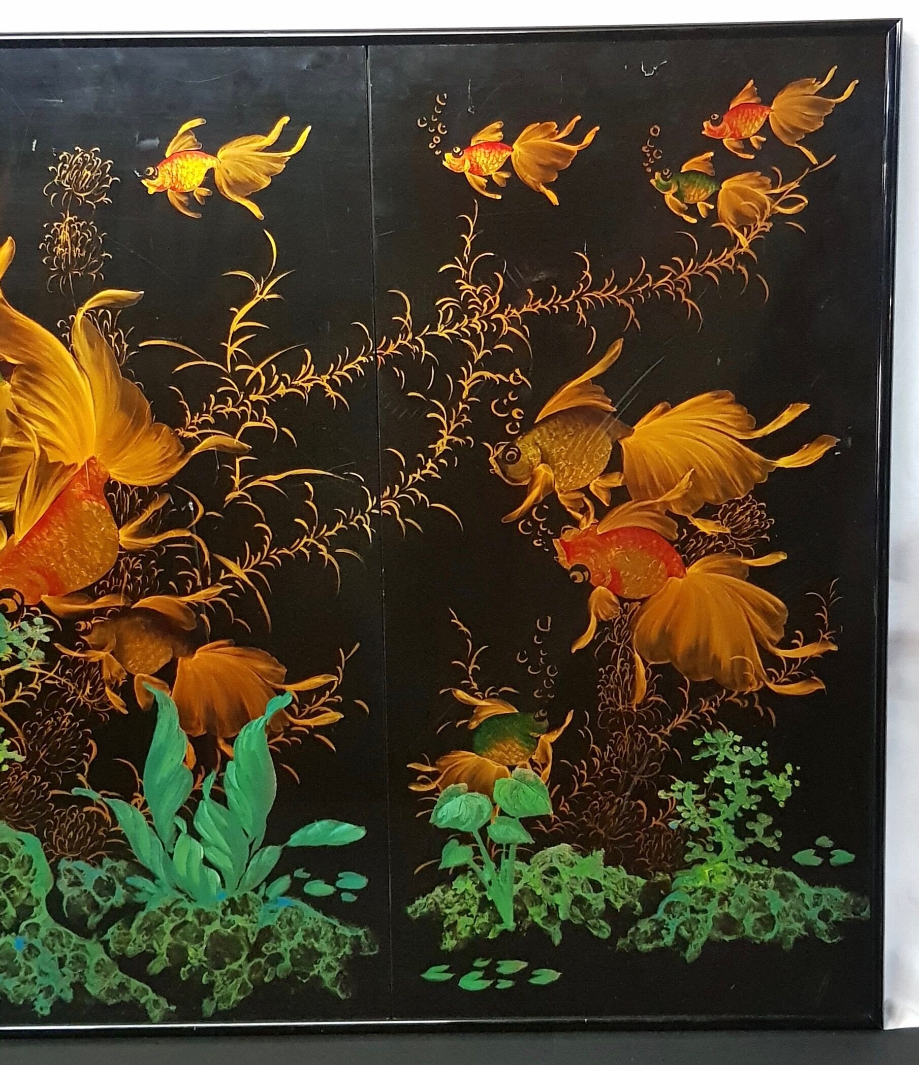 Paravent Ou Décor Asiatique 4 Panneaux Bois Laqué Nacre (neuf, Jamais Installé)