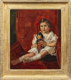 Sitzendes Mädchen mit japanischer Geisha-Puppe - Arnold Gara