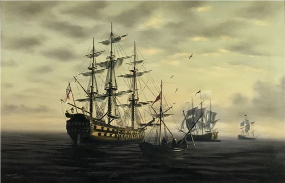 Shipping at anchor by Anthony Hedges, 20th century