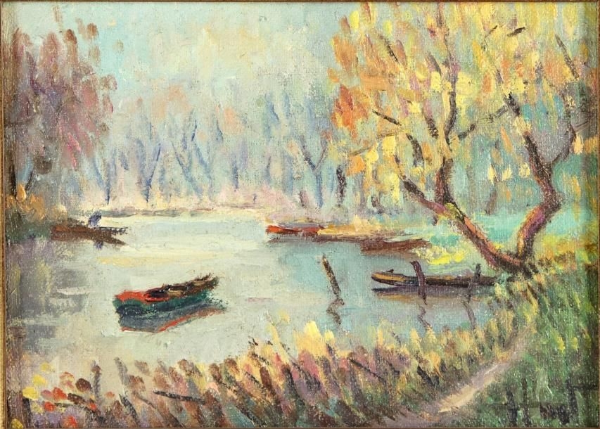 Jacques Huet Une Barque Sur Un tang Huile Sur Toile 17 X 22 Cm 