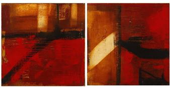 A diptych of abstract expressionist paintings featuring bold reds, ochres, and blacks.