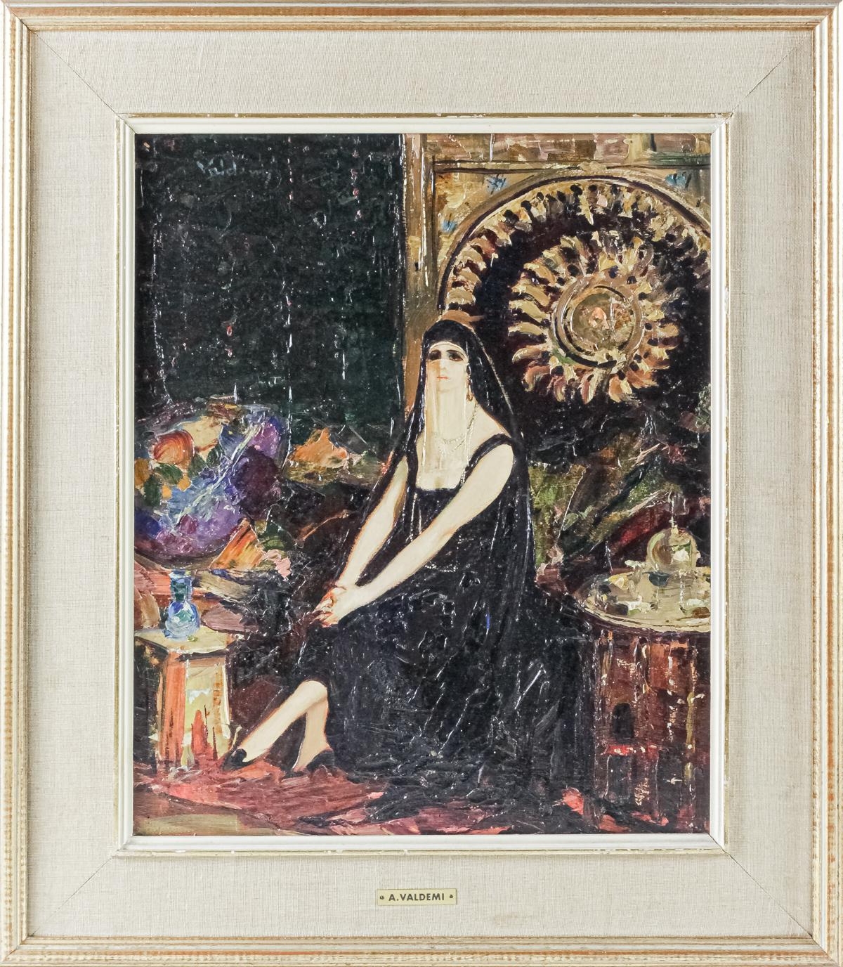 Artwork by Alve Valdemi del Mare, Mujer con vestido negro, Made of Oil on panel