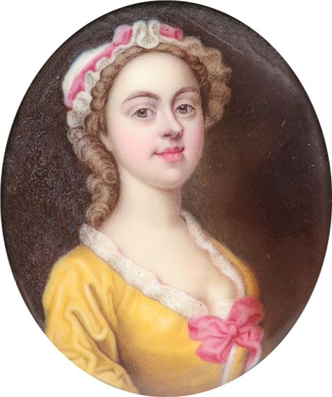 Portrait miniature of a young lady wearing a yellow dress and white bonnet with pink ribbon - Abraham Seaman