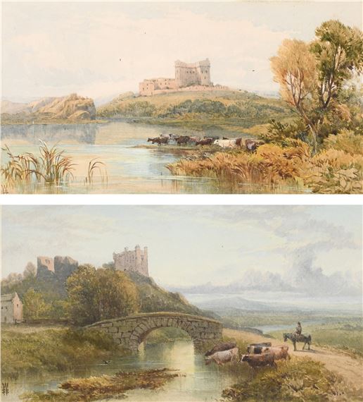 Landscape with cattle watering with a castle beyond; Landscape with a figure on horseback and cattle watering by a bridge near a ruined tower by Sophy S. Warren