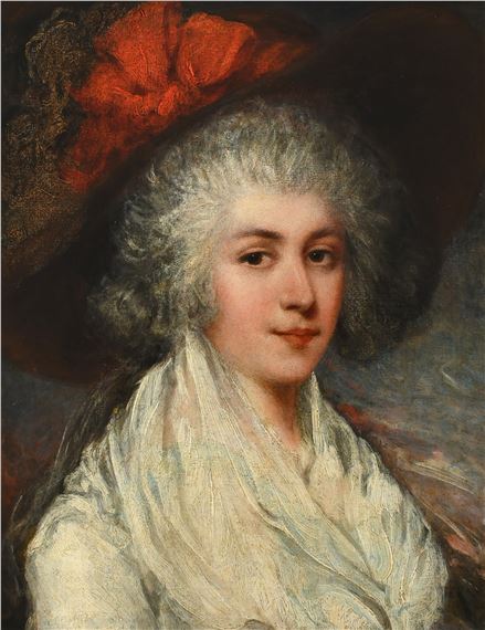 Portrait of a lady, bust-length, wearing a white dress and broad-brimmed hat with red ribbon by Thomas Gainsborough