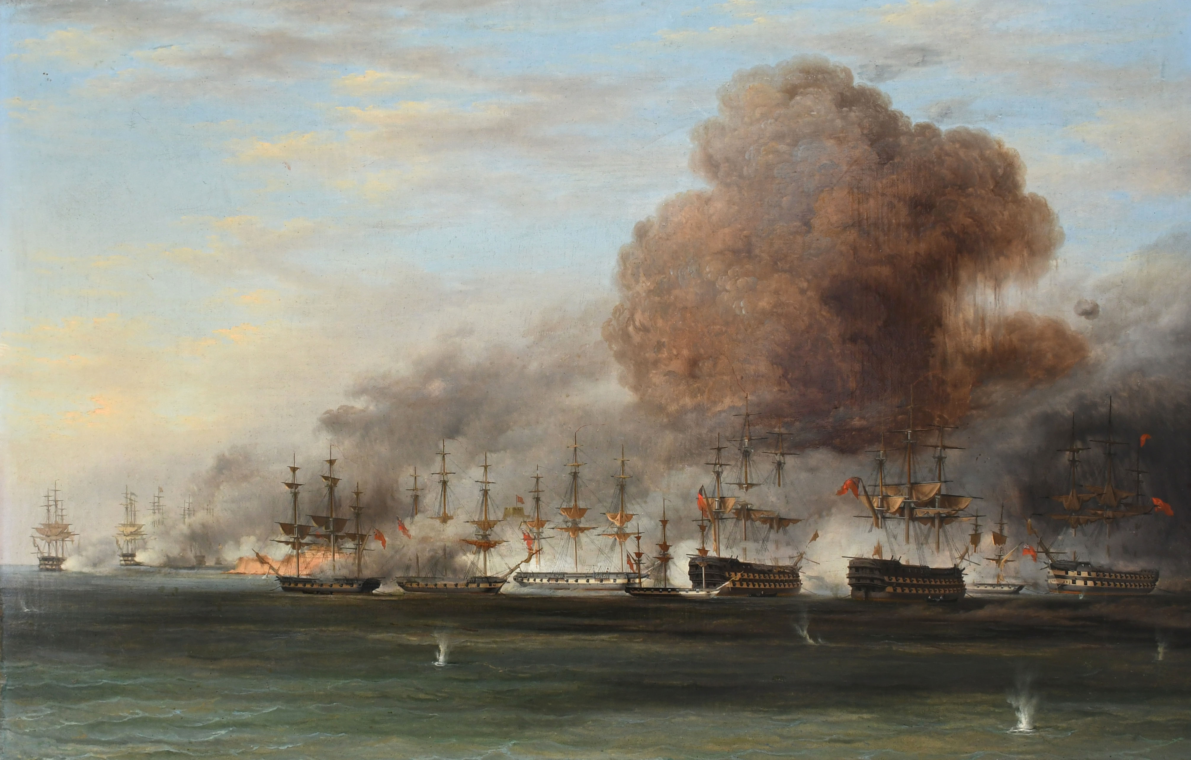 The British and Ottoman fleets in close action at the Battle of Navarino, 20 October 1827, with the two flagships duelling in the right foreground - Anton Schranz