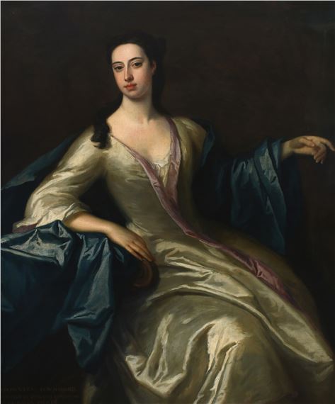 Portrait of Etheldreda Townshend (née Harrison), Viscountess Townshend, three-quarter length, wearing a white dress and blue wrap by Enoch Seeman