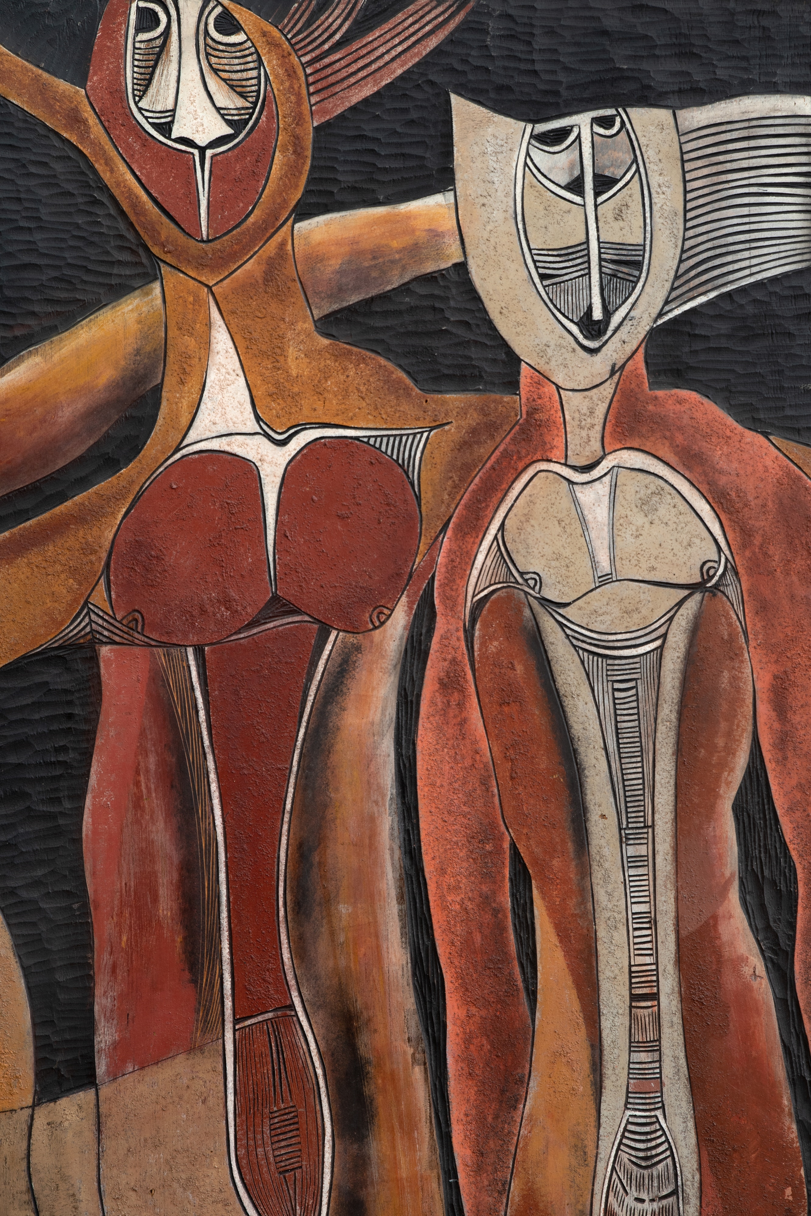 Artwork by Cecil Skotnes, Figure Composition, Made of carved, incised and painted wood panel