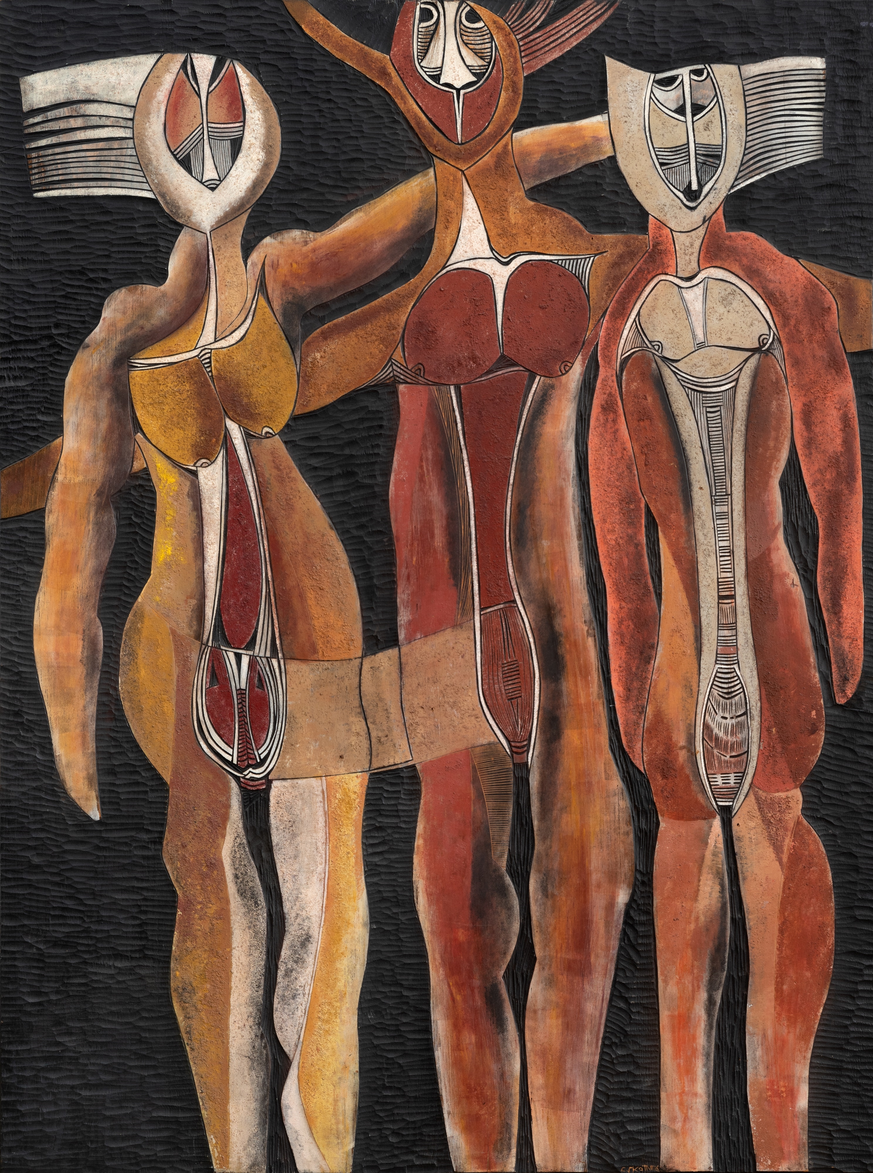 Artwork by Cecil Skotnes, Figure Composition, Made of carved, incised and painted wood panel