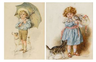 E. Stewart - Pair of watercolours of children with a dog and cats - E. Stewart