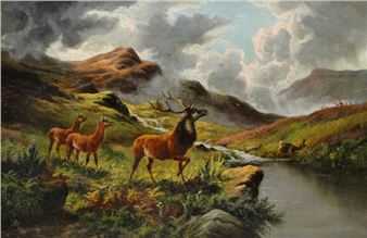 A dramatic landscape painting featuring a stag and two deer in a misty, mountainous valley.